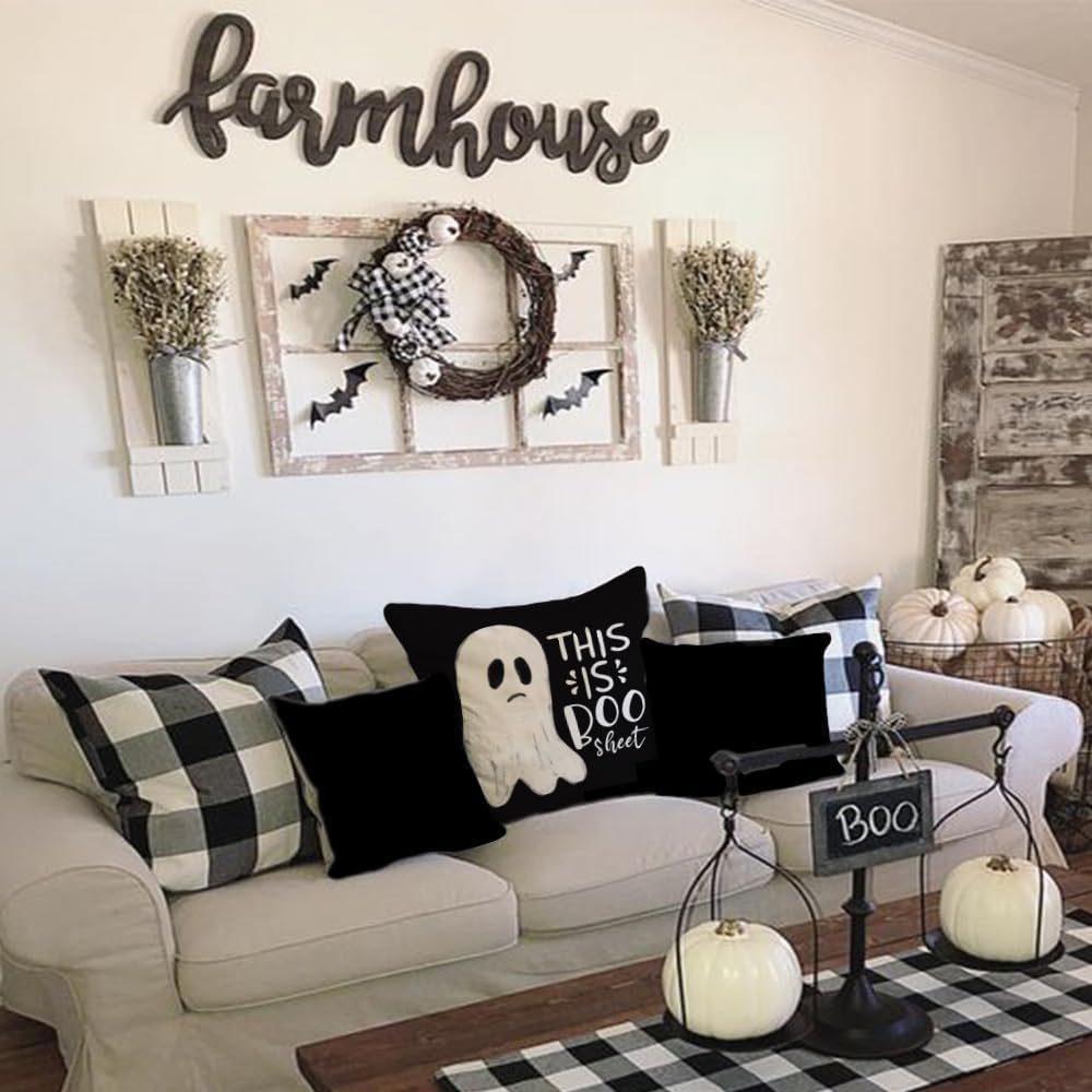 AACORS Halloween Pillow Cover 18x18 Inch - Ghost & Jack-o'-Lantern Design, Burlap Style, Black