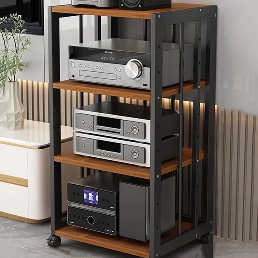 Stojak audio HiFi z ruchomą półką na gramofony, 4-poziomowa szafka do przechowywania multimediów, na konsole do gier i sprzęt, stylowe czarne i tekowe wykończenie, idealna do domowej rozrywki