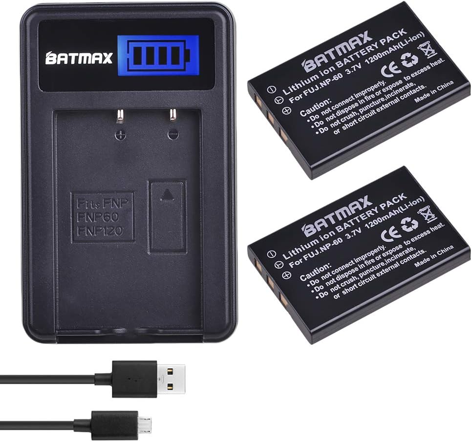 Batmax 2Pcs FNP-60 NP-60 Battery + LCD USB Charger for Fujifilm NP-60, Kodak KLIC-5000 SLB-1137 Li-20B Kodak EasyShare, One Series AZ-1, AZ-2 Camera; MX-890 11N09T MX-810 MX-880 MX-950 MX-980 Remote