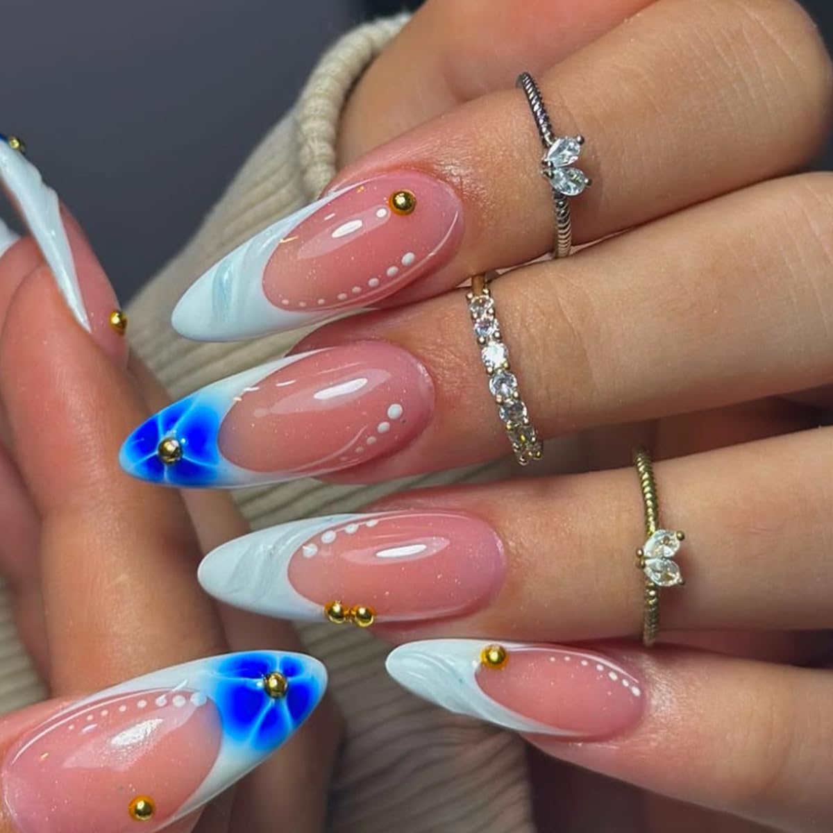 French Tip Press on Nails Long Almond - Blue Flower Fake Nail Press ons with Gold Flatback Pearl Design - Reusable Acrylic Nail Glossy Full Cover