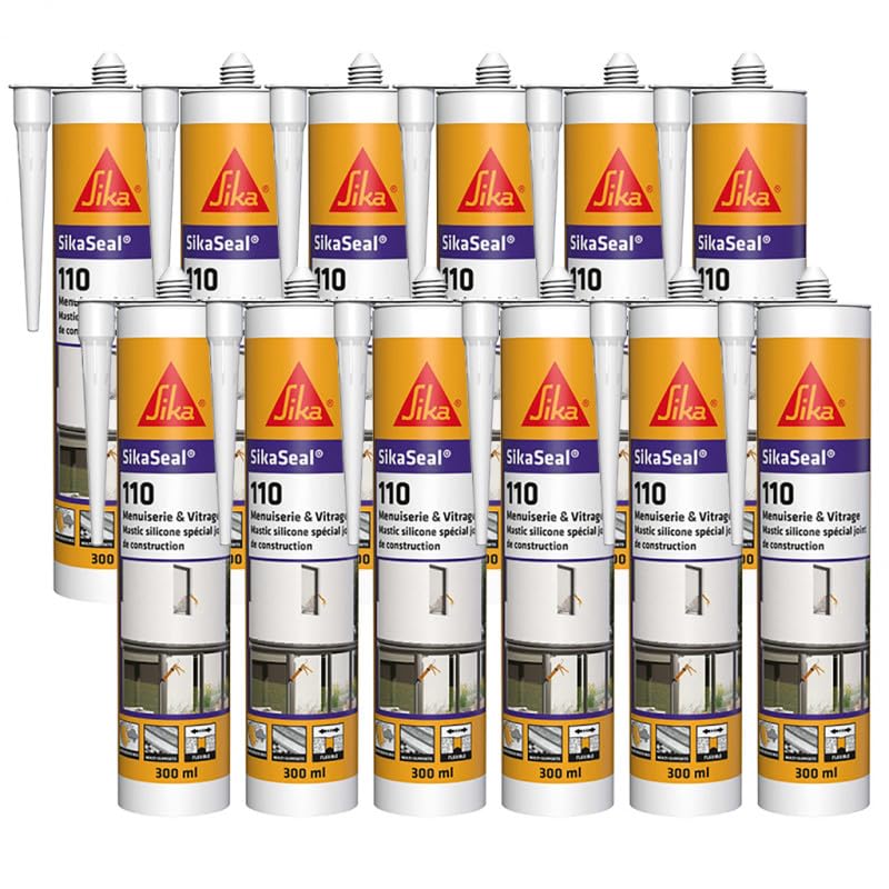 SIKA - Sigillante in silicone da costruzione - SikaSeal-110 Falegnameria e vetratura, nero - Guarnizioni per carpenteria e vetri - Esterno/interno - Cartone da 12 cartucce da 300 ml