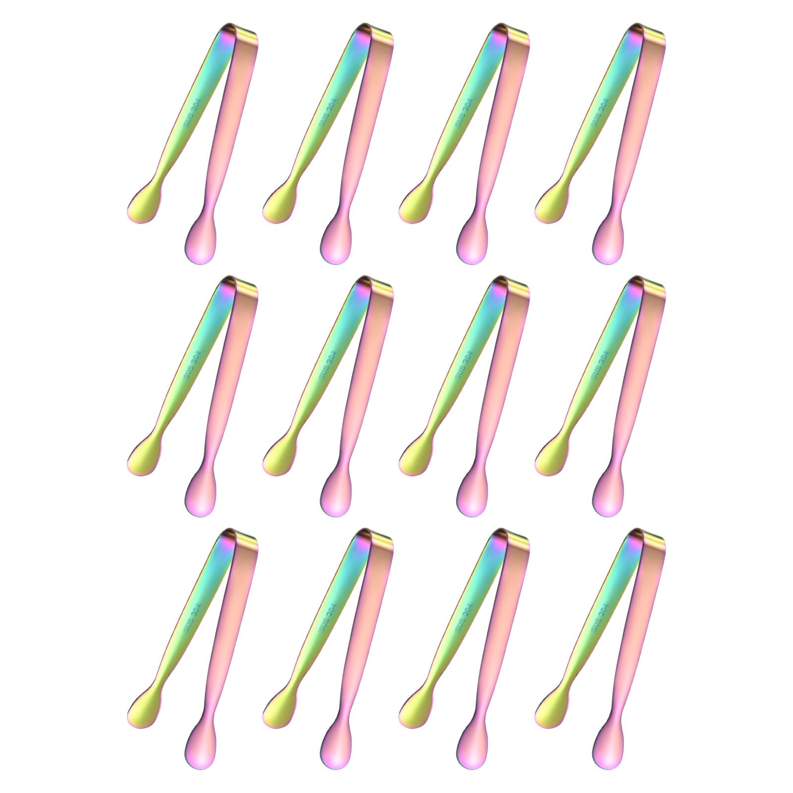 M METERXITY 12-Pack Mini Serving Tongs, 4.3 Inch 304 Stainless Steel Mini Sugar Cube Ice Tongs for Tea and Coffee Party/Outdoor Activities, Small U-Shaped Metal Accessories [Colorful]