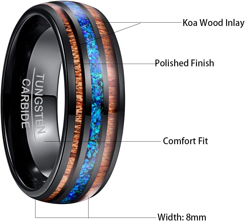NUNCAD 6mm/8mm Handmade Tungsten Wedding Ring with Hawaii Koa Wood Domed Black Tungsten for Men Women Sets Comfort Fit Size 5-17