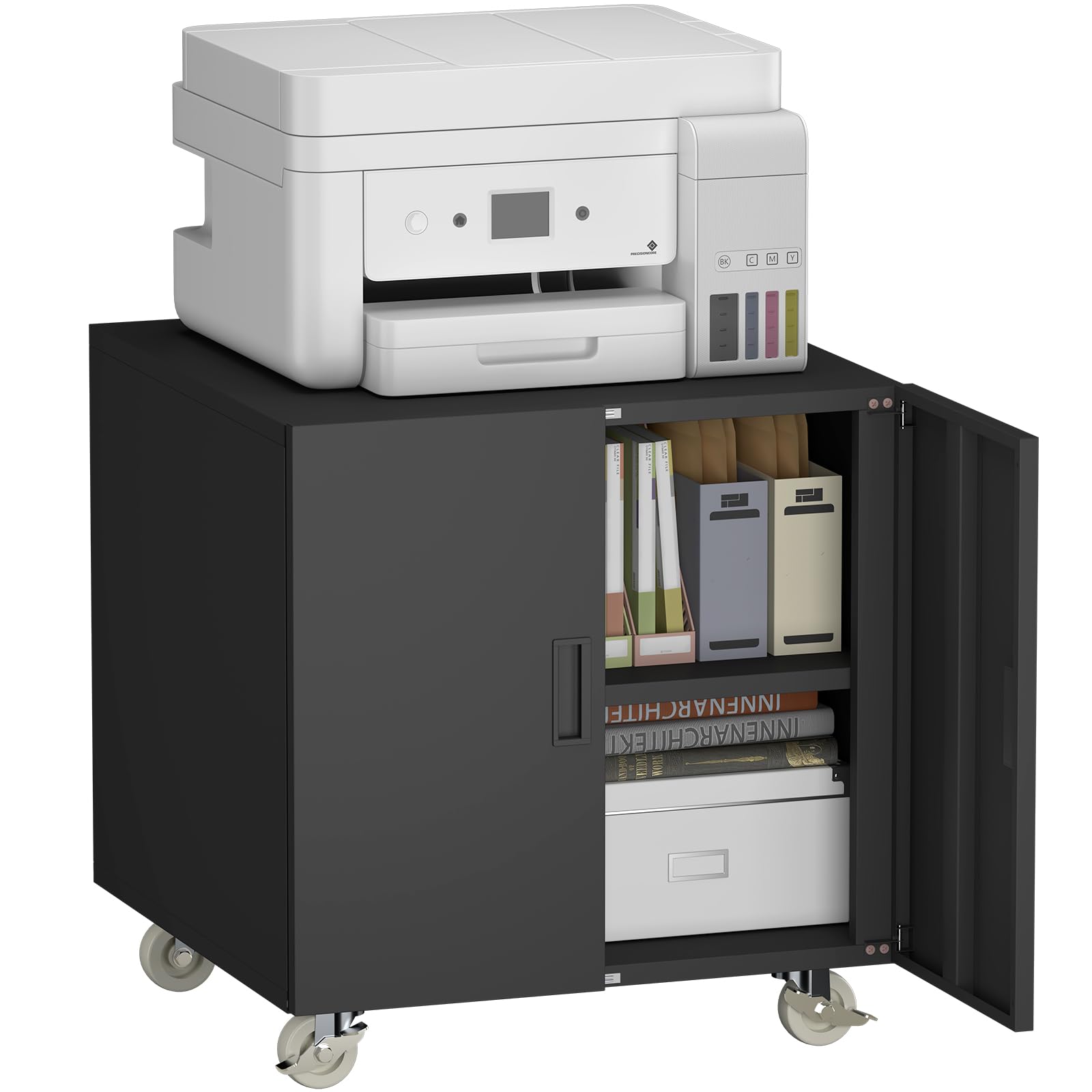 Metal Printer Stand, Home Office Rolling Printer Station, Heavy Duty File Cabinet with Printer Paper Storage, Black Office Storage Cabinet, Suits 3D Printer, Fax, Scanner, Copier