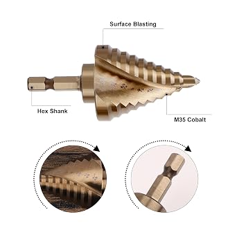 COMOWARE 10 Sizes M35 Cobalt Step Drill Bit, 1/4 to 1-3/8, Two-Spiral Flute Step Bit for Metal, Stainless Steel, Wood & Plastic, with 1/4 Hex Shank