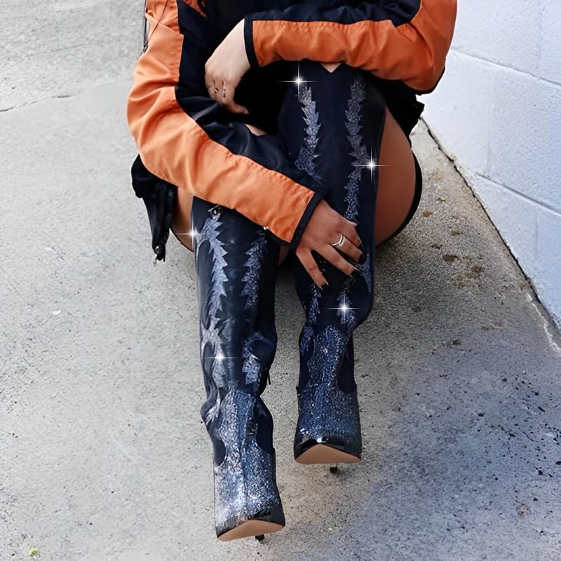 olomisa Sparkly Boots for Women, Rhinestone Over Knee Boots Embroidery Pointed Toe Pull On Stiletto Heeled Thigh High Sparkly Boots Tall Long Boots