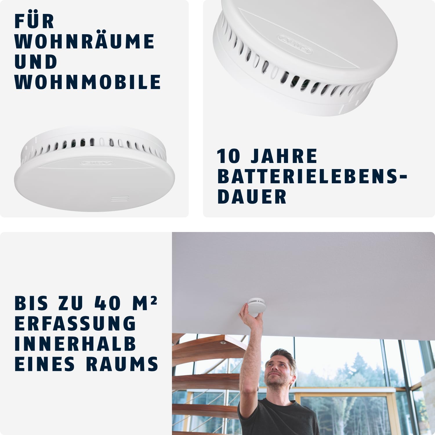 ABUS Rauchmelder RWM150 - langlebige 10-Jahres-Batterie - für Wohnräume und VDs geprüft nach DIN EN 14604-85 dB lauter Alarm - Weiß