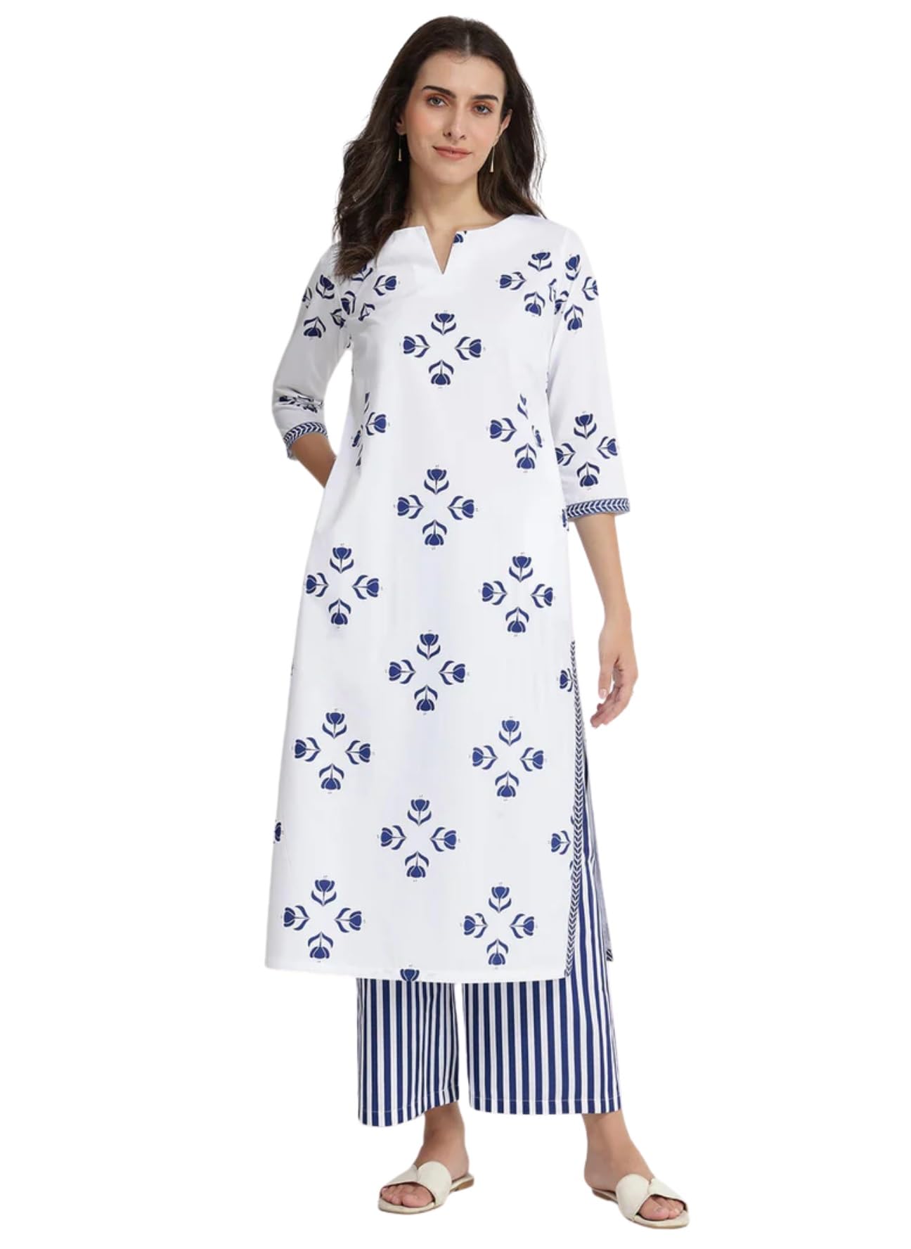 Bonkers Corner Women Printed Kurta Set with Palazzo Pants | Straight Kurta with 3/4 Sleeves | Ethnic Jaipuri Kurtis Palazzo Set for Women | Kurti for Daily Office & Casual in multi