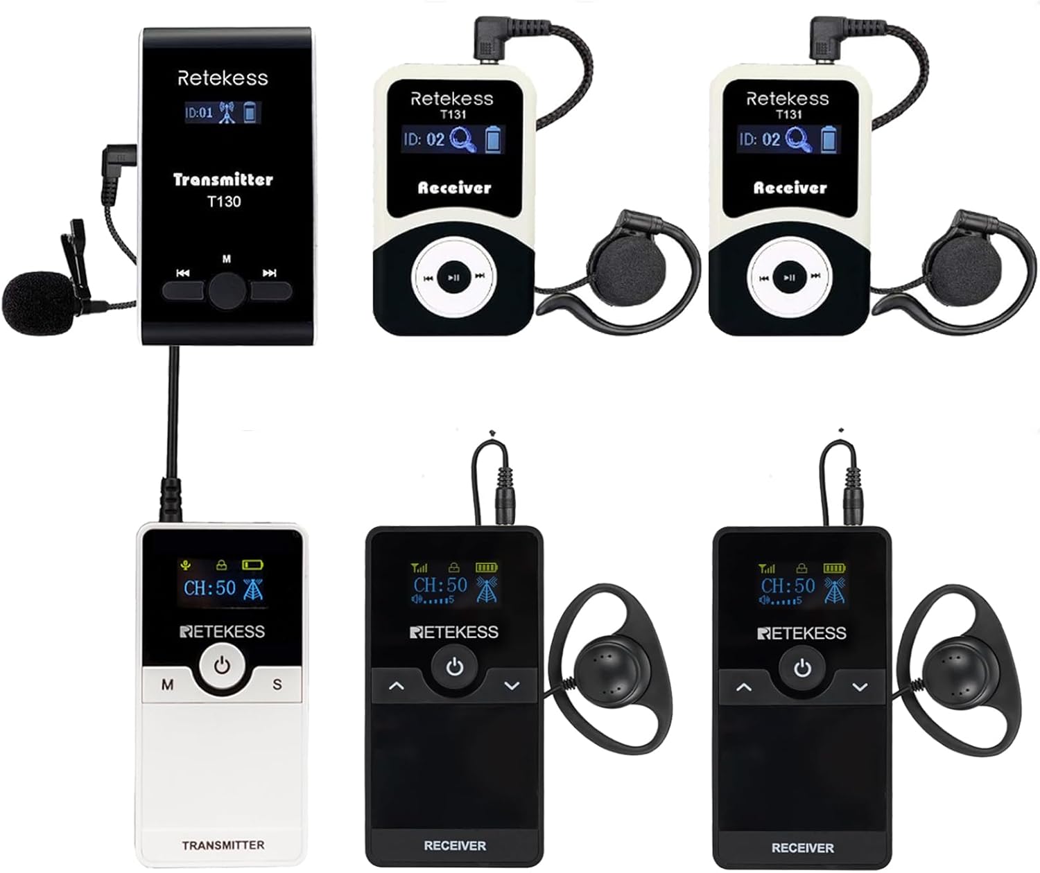 Retekess T130 Tour Guide System, Church Translation System, 99 Channels, Easy to Set Up, Translation Devices for Church,Court(2 Transmitter 4 Receivers)
