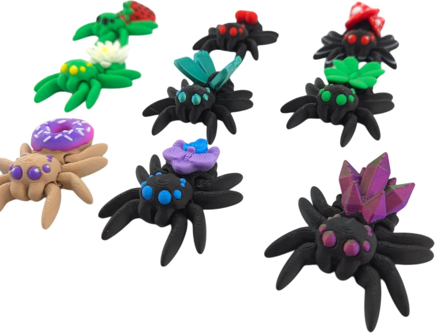 3D Printed Spider Pack - Set of 10 Unique Spiders - Clover, Rose, Orchid, Heart, Crystal, Fairy, Strawberry, Donut, Mushroom and Water Lily Designs - Collectible Fidget Toys