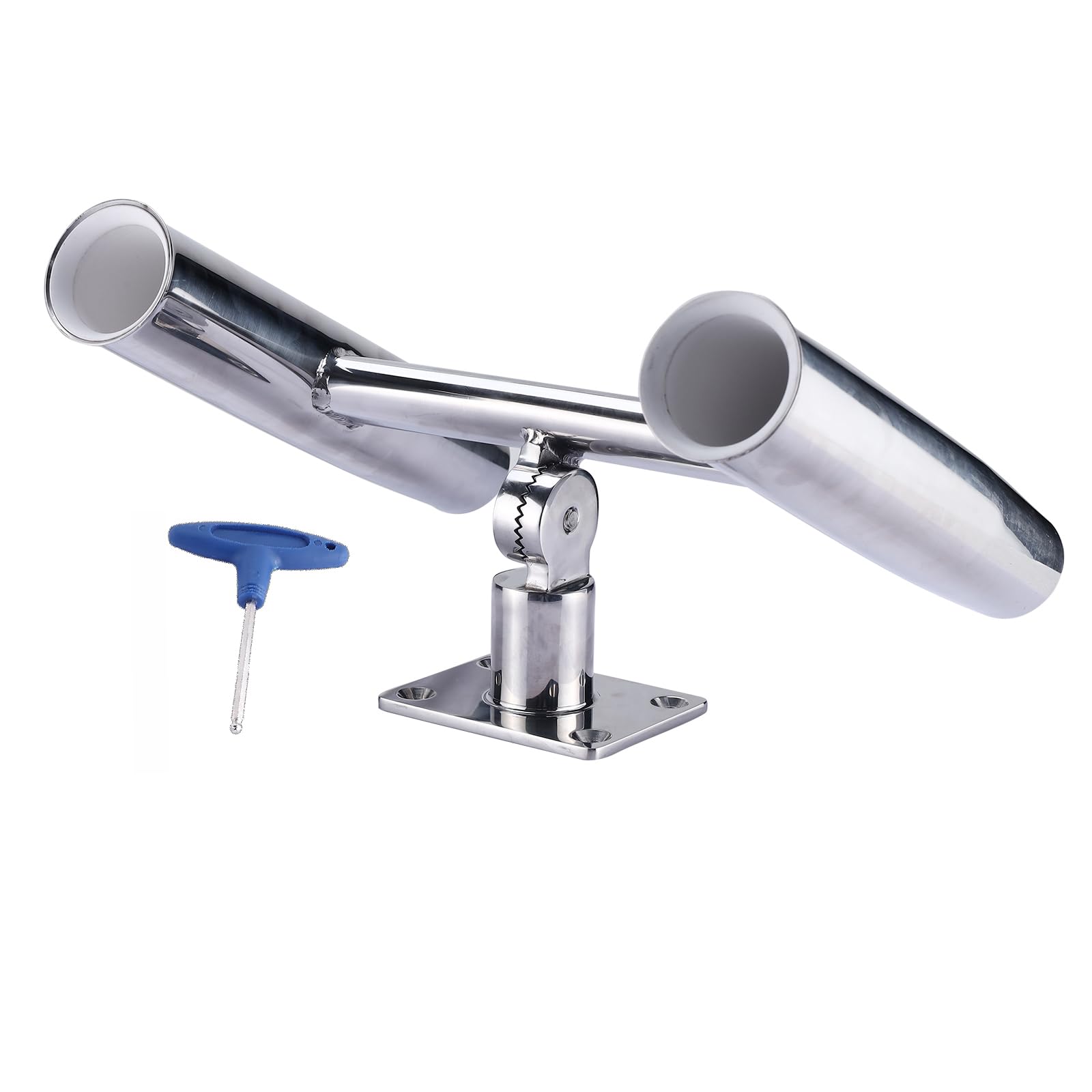 NovelBee 2 Tube Tournament Style Rod Holders with A Flat Mount Pad and Wrench,Deck Mounted Fishing Rod Holders,Stainless Steel Adjustable Degree Rod