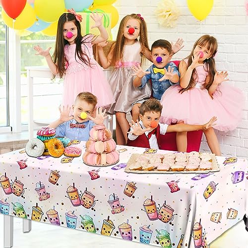 Image of Boba Tea Party Decorations,3pcs Bubble Tea Birthday Tablecloths Waterproof Plastic Boba Table Covers for Boba Party Decorations