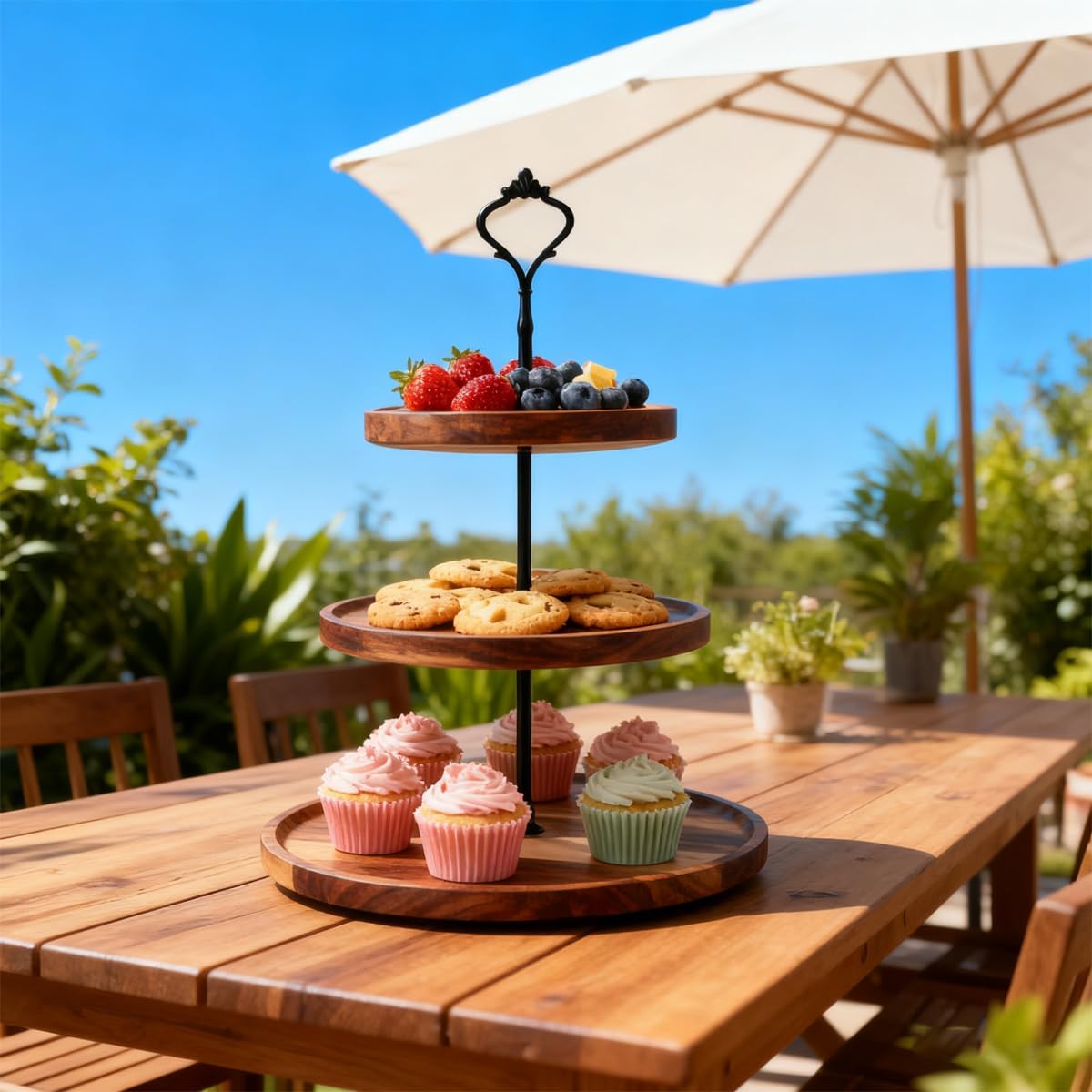 3 Pcs Round Cupcake Stand, 3 Tier Wood Cupcake Stand, Wooden Tiered Display Stand Cupcakes Plates Serving Tray Acacia Wood Cake Tower for Wedding, Birthday, Tea Party