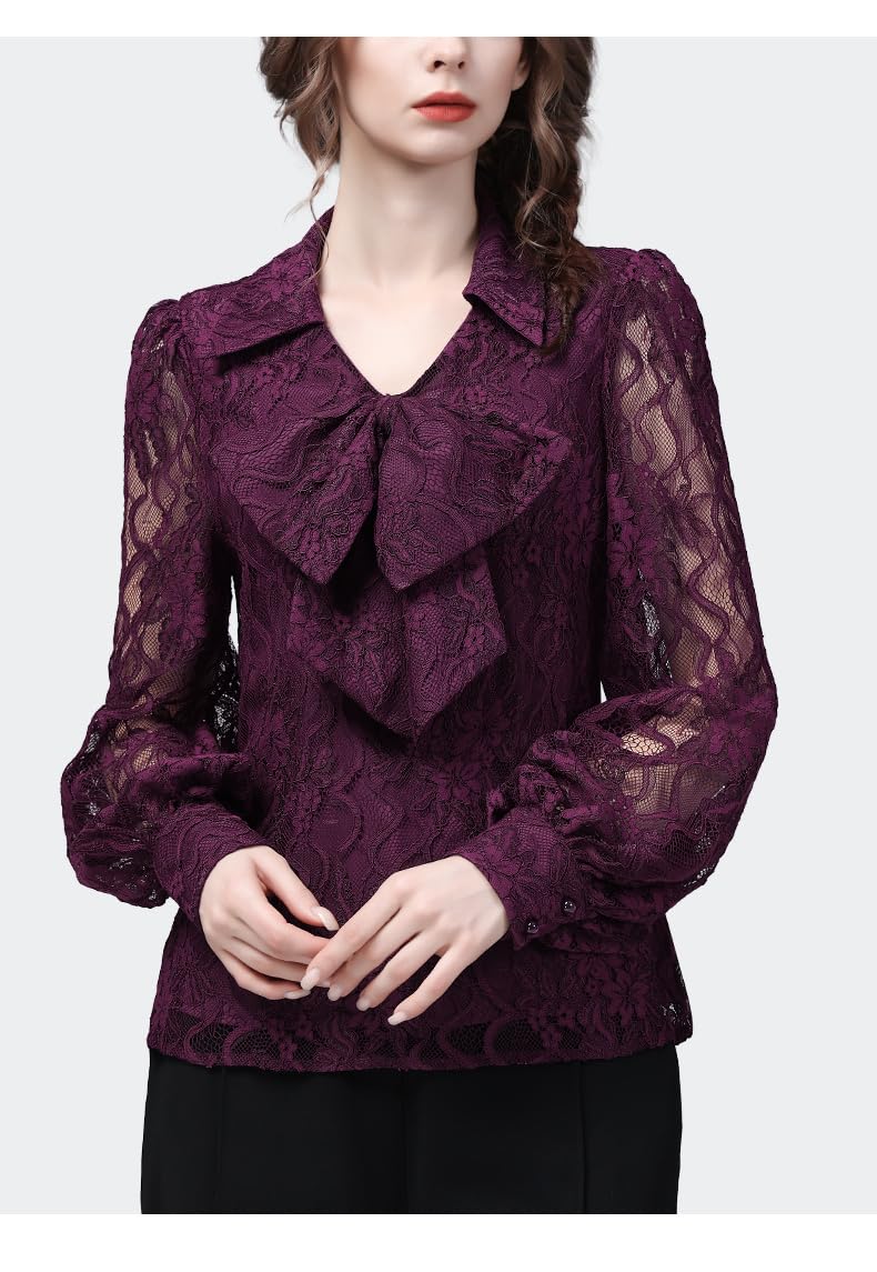 Primavera Verano Mujer Manga Larga Linterna Cuello Pico Encaje púrpura Top Gancho flor Camisas Huecas Blusas Vintage para Mujer (púrpura S)