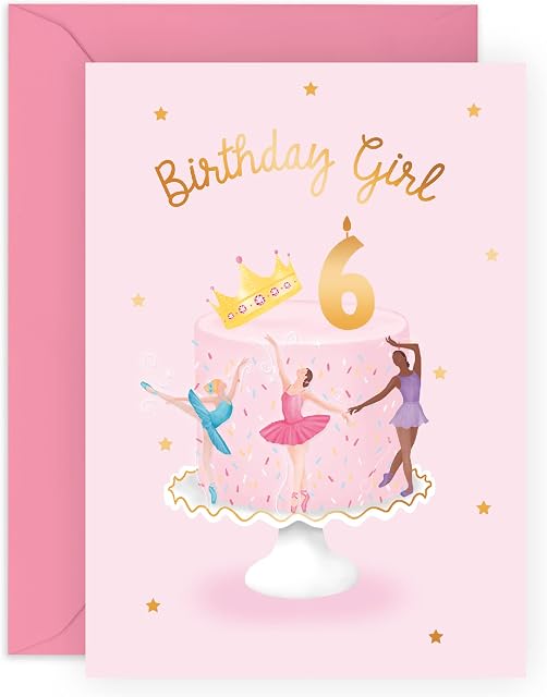 Central 23 Sixth Birthday Card for Girls - Happy 6th Birthday - Age 6 - Six Year Old - Crown Ballerina - Pink Cake Greeting Card - Kids - Daughter - Granddaughter - Comes With Fun Stickers