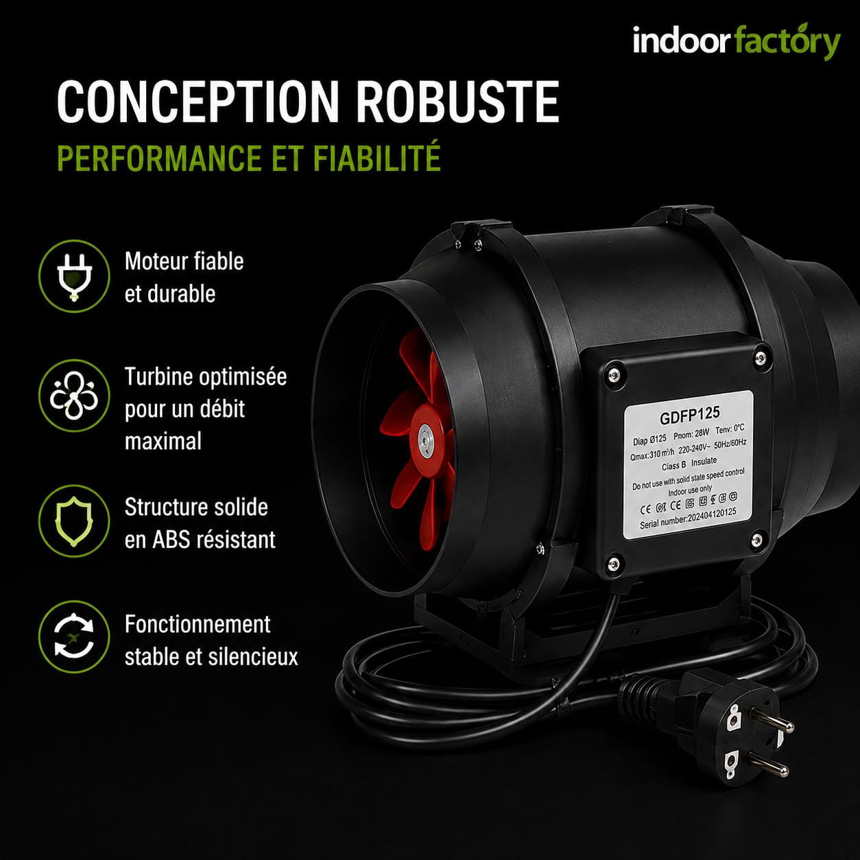 TT125 – Luftabzug Ø 125 mm – Rohrventilator 310 m³/h – Rohrabzug für Belüftung, Innenanbau, Werkstatt, Garage – EU-Stecker