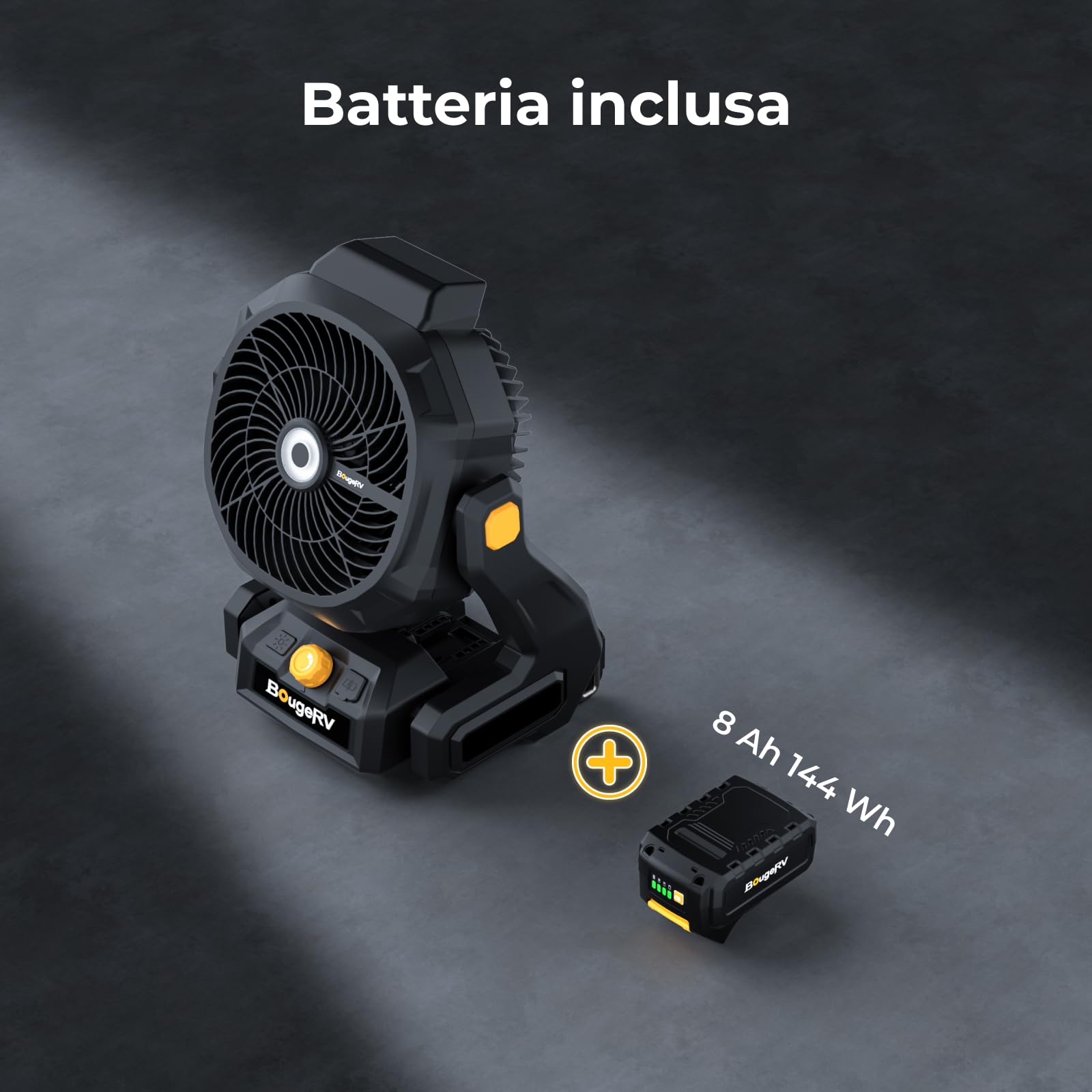 BougeRV Ventilatore portatile ricaricabile da 18 V, 8 Ah, alimentato a batteria, 755 CFM, con doppi ganci in metallo, porta USB, luce brillante per esterni, lavoro, magazzino, campeggio, camper