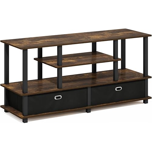 Furinno Jaya TV Stand, 4-Tier Entertainment Center, TV Console for TV up to 55 Inch with 2 Storage Bins and Open Shelves, for Living Room, Bedroom, Amber Pine