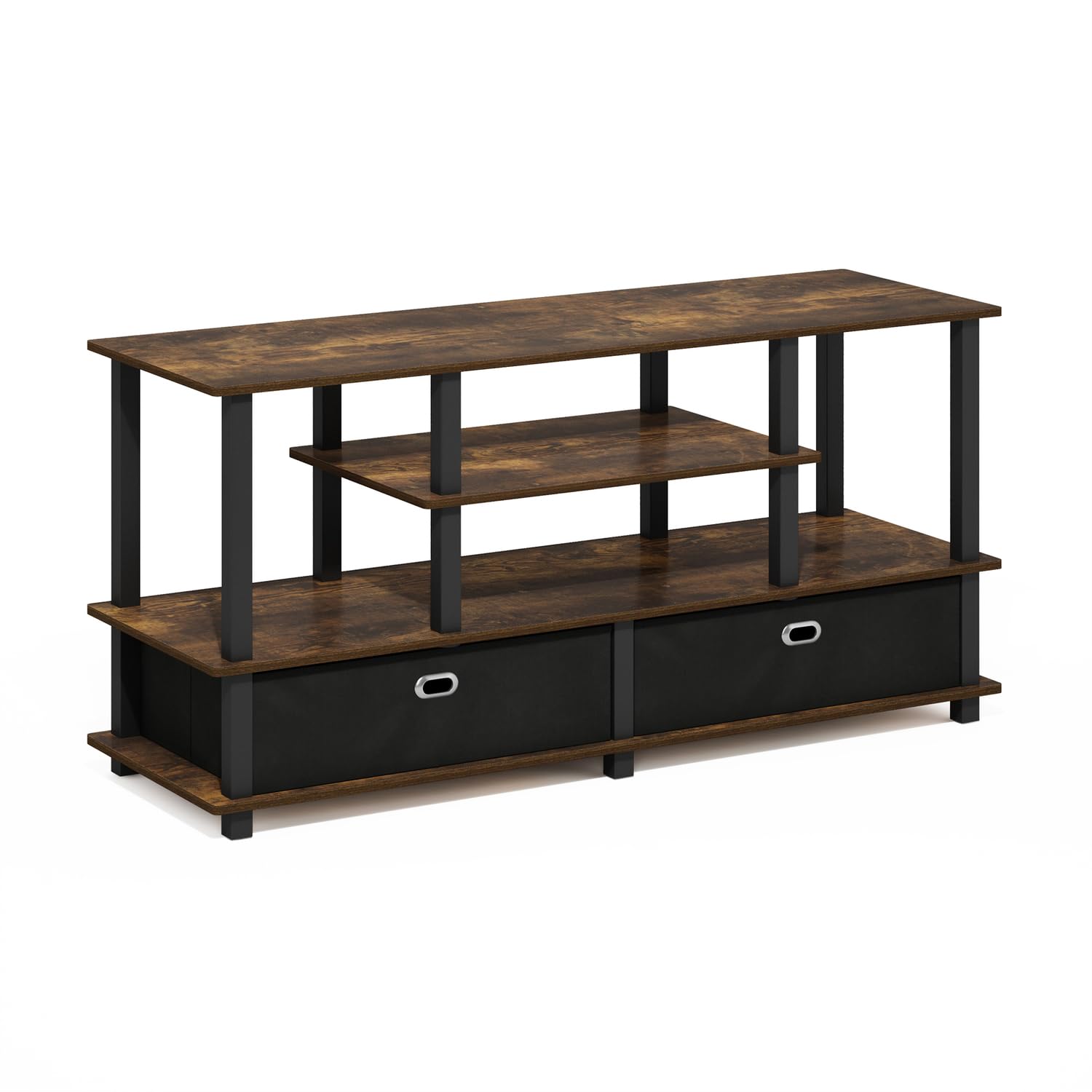 Furinno Jaya TV Stand, 4-Tier Toolless Assembly Entertainment Center with Open Shelf, TV Console for TV up to 55 Inch with 2 Storage Bins, for Living Room, Bedroom, Amber Pine