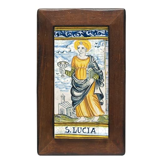 Keramikplattor med träram som visar Saint Lucia – mått: 9,9 x 19,8 cm. Tillverkad i Italien.
