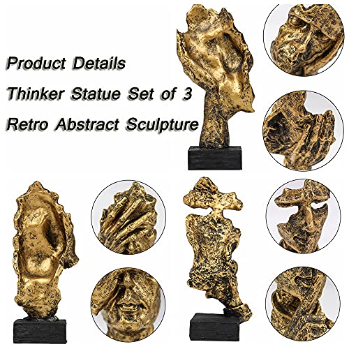 Fumisee 3 Pcs Thinker Statue, Silence Is Gold Abstract Art Figurine, No Hear No See No Speak Modern Home Resin Sculptures Decorative Objects Desktop Decor (Gold) #TOP6