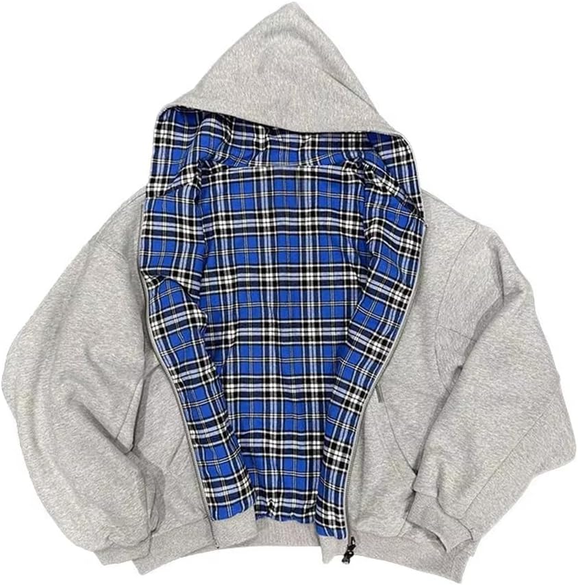 Lunoakvo Mens Oversized Reversible Hoodies Women Plaid Preppy Hoodie Streetwear Vintage Zipper Hooded Sweatshirt