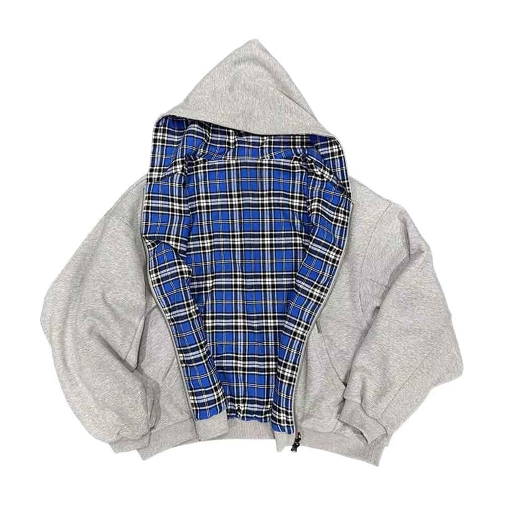 Lunoakvo Mens Oversized Reversible Hoodies Women Plaid Preppy Hoodie Streetwear Vintage Zipper Hooded Sweatshirt