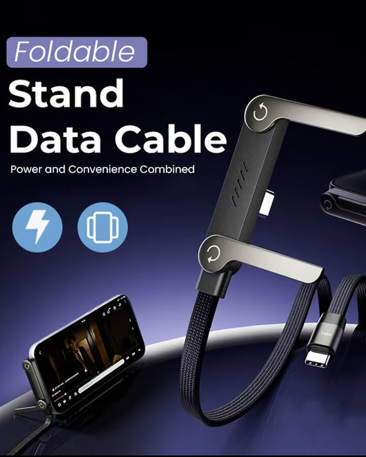 Cavo di ricarica invisibile 2 in 1, 240 W, cavo di ricarica rapida con supporto integrato per telefono, multi nylon intrecciato con supporto pieghevole nascosto a 360°, tipo C da 1,5 m, per
