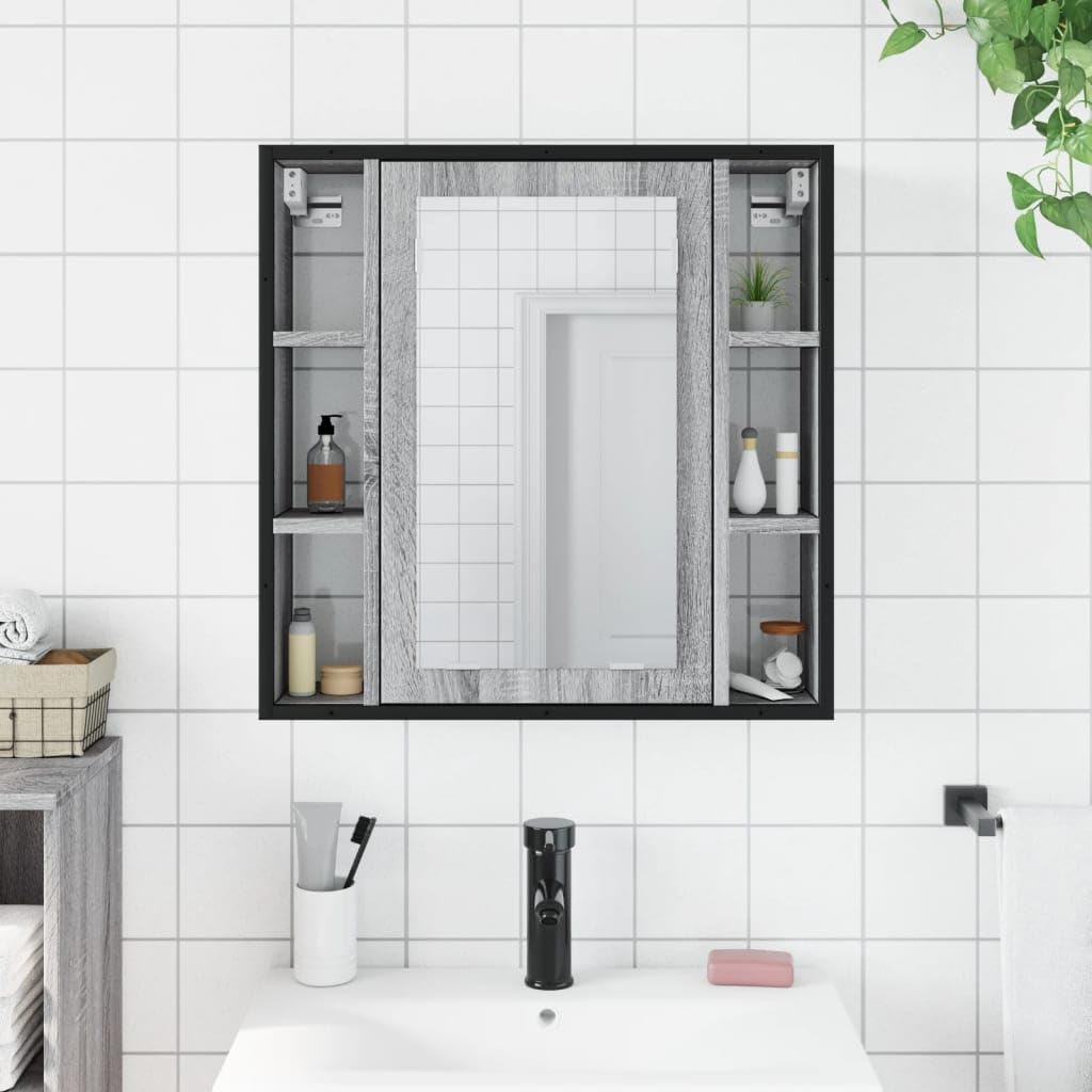 SYDE Armario Baño con Espejo Madera Gris Sonoma 60x16x60 cm | Montaje En Pared, Contrachapado Resistente A Humedad, Almacenaje Organizado, Imagen Nitida