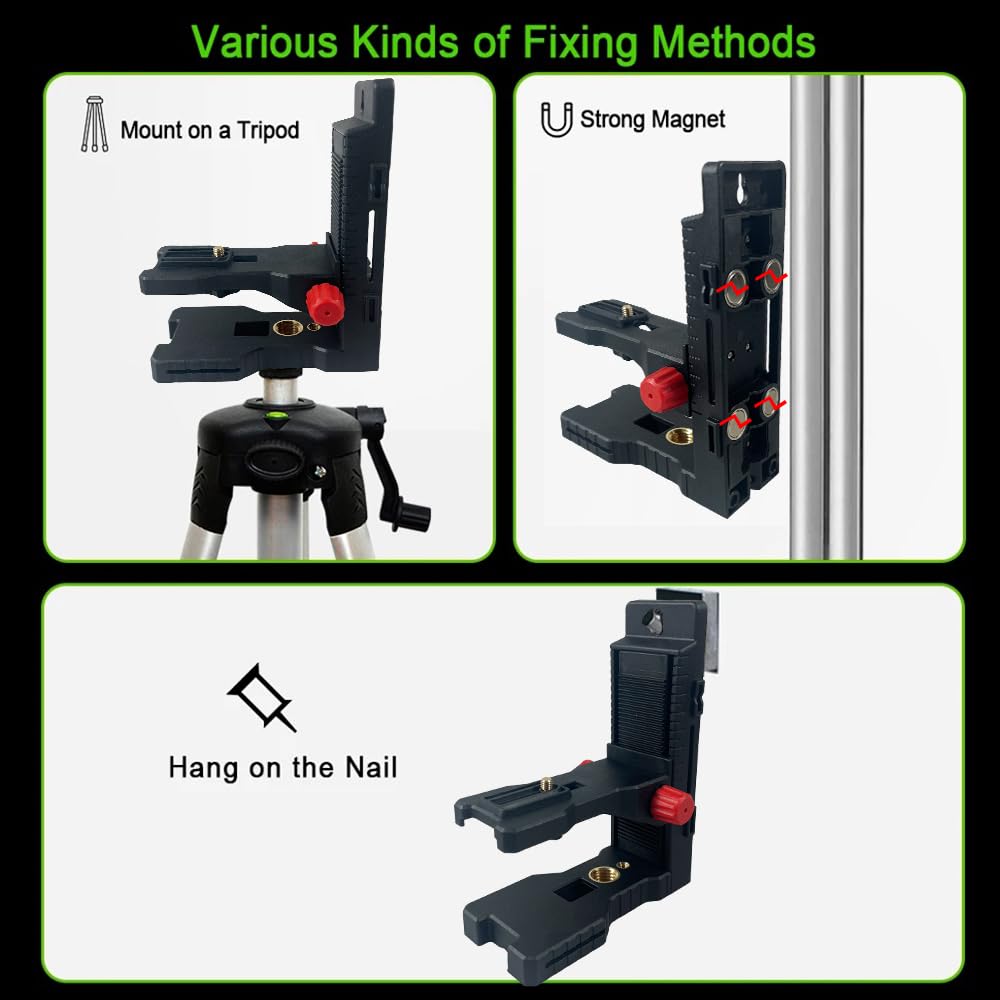 DJ800 Staffa di regolazione fine per livelli laser a linee e punti, filettatura maschio 1/4"-20 Base girevole magnetica a forma di L con supporti filettati femmina da 1/4"-20 e 5/8"-11 sul fondo per