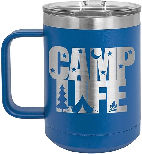 Taza de café Camp Life de 15 onzas con tapa deslizante | Taza de café de viaje aislada | Ideas de regalo de cumpleaños o Navidad de mujeres o