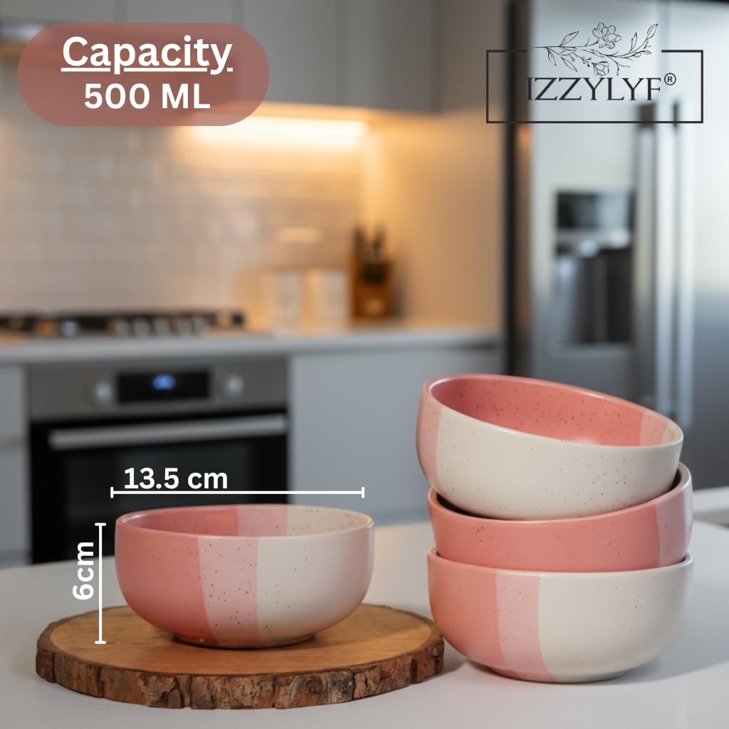IZZYLYF 'Tricolor Pink' Ceramic Snack Bowl Set of 2 (500 ml Each) | Microwave & Dishwasher Safe Bowl Set for Party, Dinner Table & Gifting | Stylish & Fancy Bowl Set for Snacks, Desserts & Salads 1