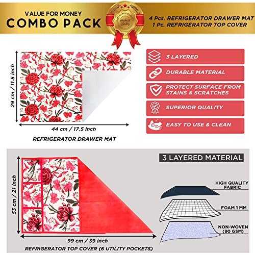 Image of Combo Set of 1 Pc Fridge Top Cover with 6 Utility Pockets And 4 Pc Fridge Mats (Red, Set of 5) (1FC4FM-ROSEFLW-RED)