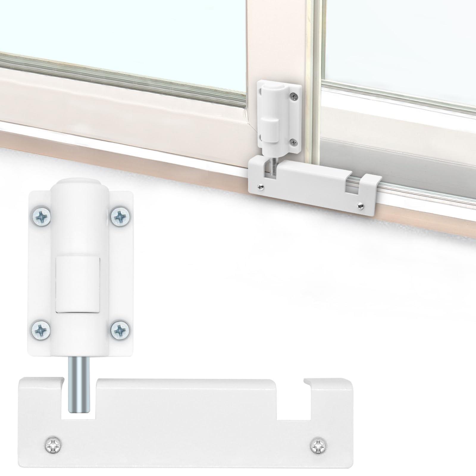 Patio Sliding Glass Door Security Lock/Bolt, Rail-Childproof Safety Window Locks for Any Slide Doors and Windows, Install on The Top Bottom Foot Kick Lock White 1PC