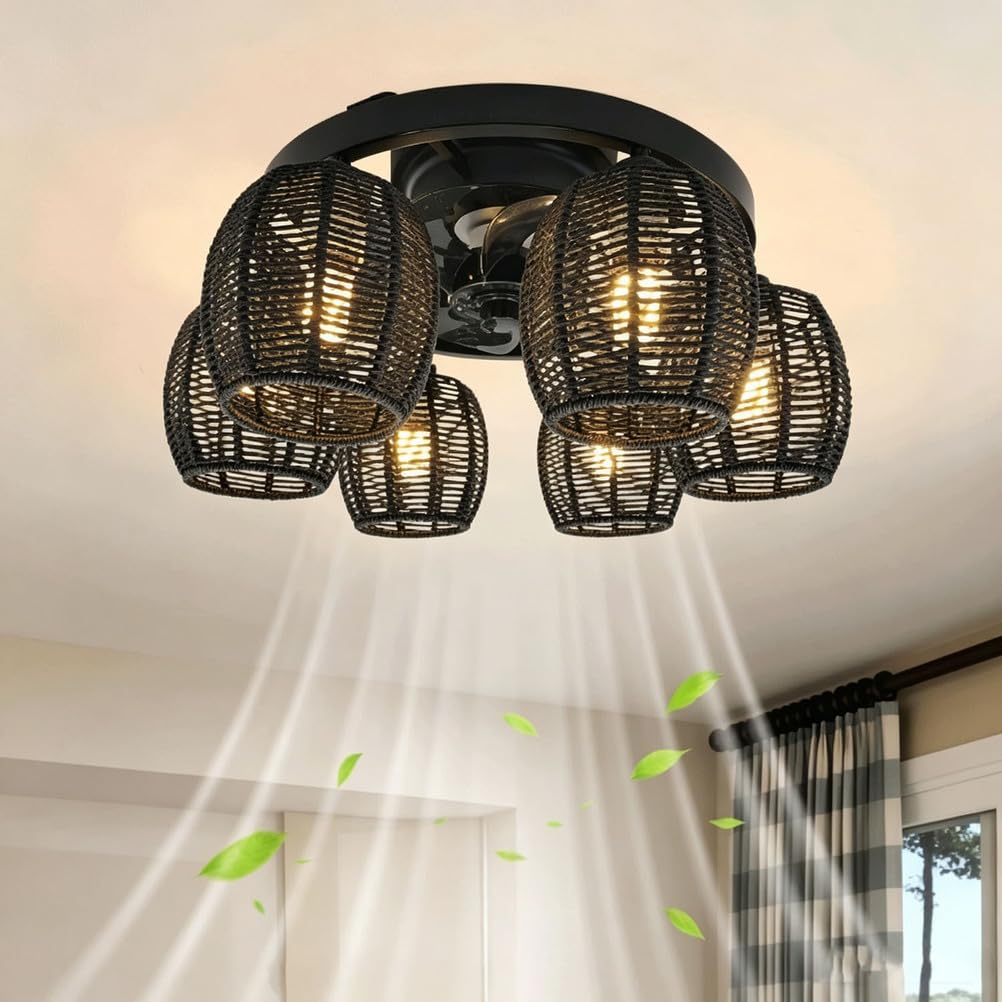 Piptyllite Smart Rattan Vintage Ceiling Fan Light, Dimmable LED for Living Room & Home