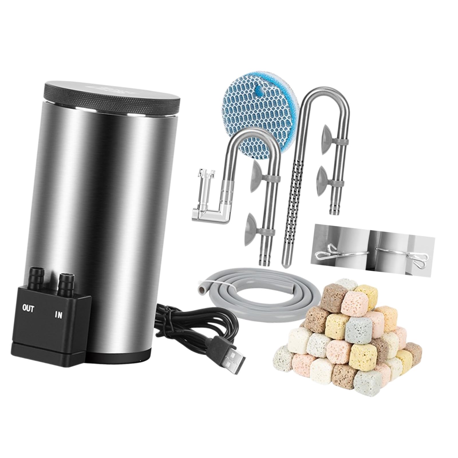 Filtro compacto de acero inoxidable con dispositivo de transporte de agua suave para acuarios de escritorio alimentados por USB de hasta 40 cm, filtro de acuario de acero inoxidable
