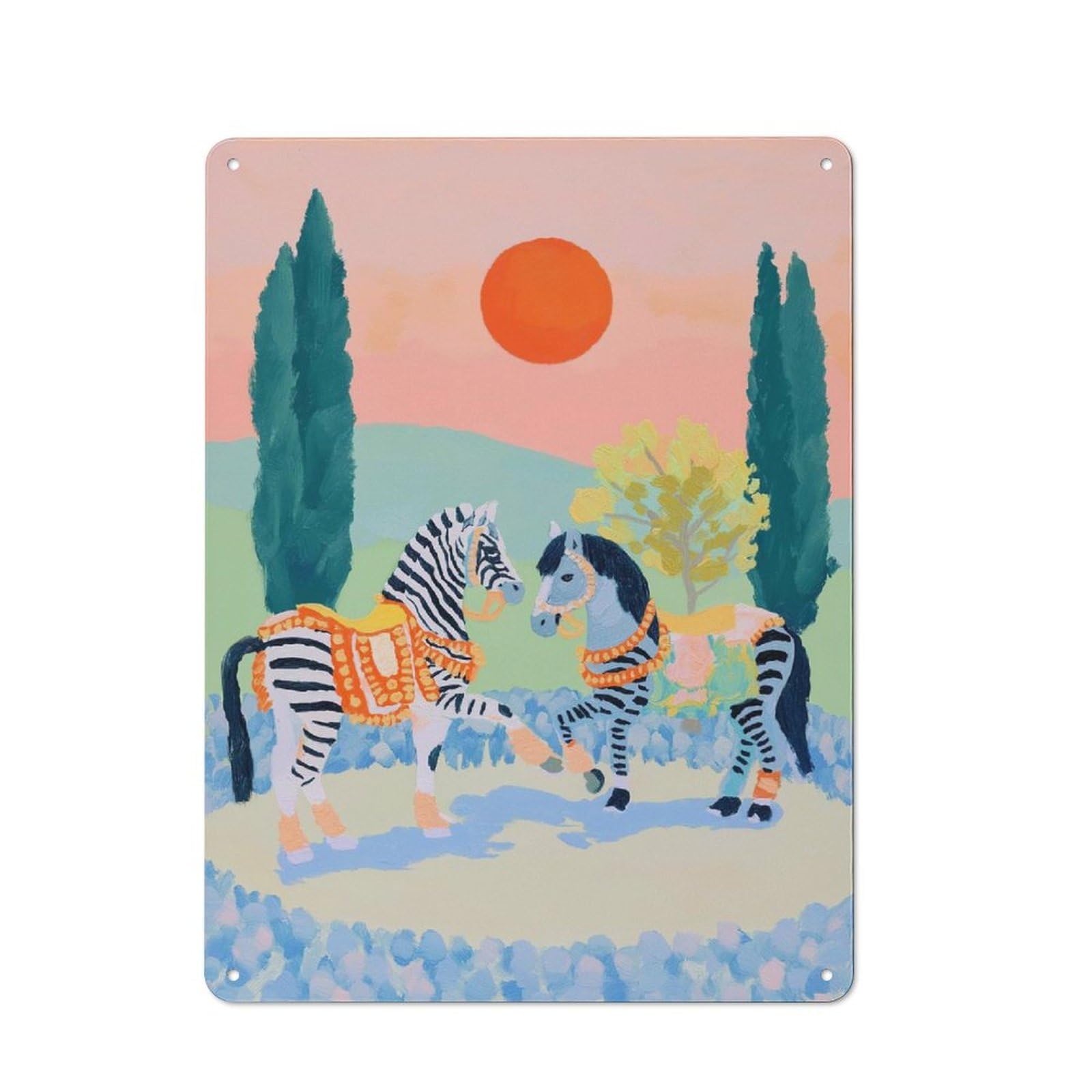 Junmoney Style-24 Zebras In A Dreamy Landscape Workshop Style Metal Wall Decor 40X30cm, Decorative Metal Plaque For Garage, Workshop, Shed Or Utility Room