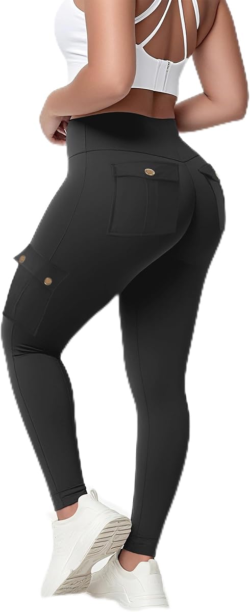 Madrirdma Leggings Levantamiento de Glúteos para Mujer | Leggings cargo con bolsillos, cintura alta, pantalones de yoga con control de barriga, tejido elástico, bolsillos con solapa, básico deportivo