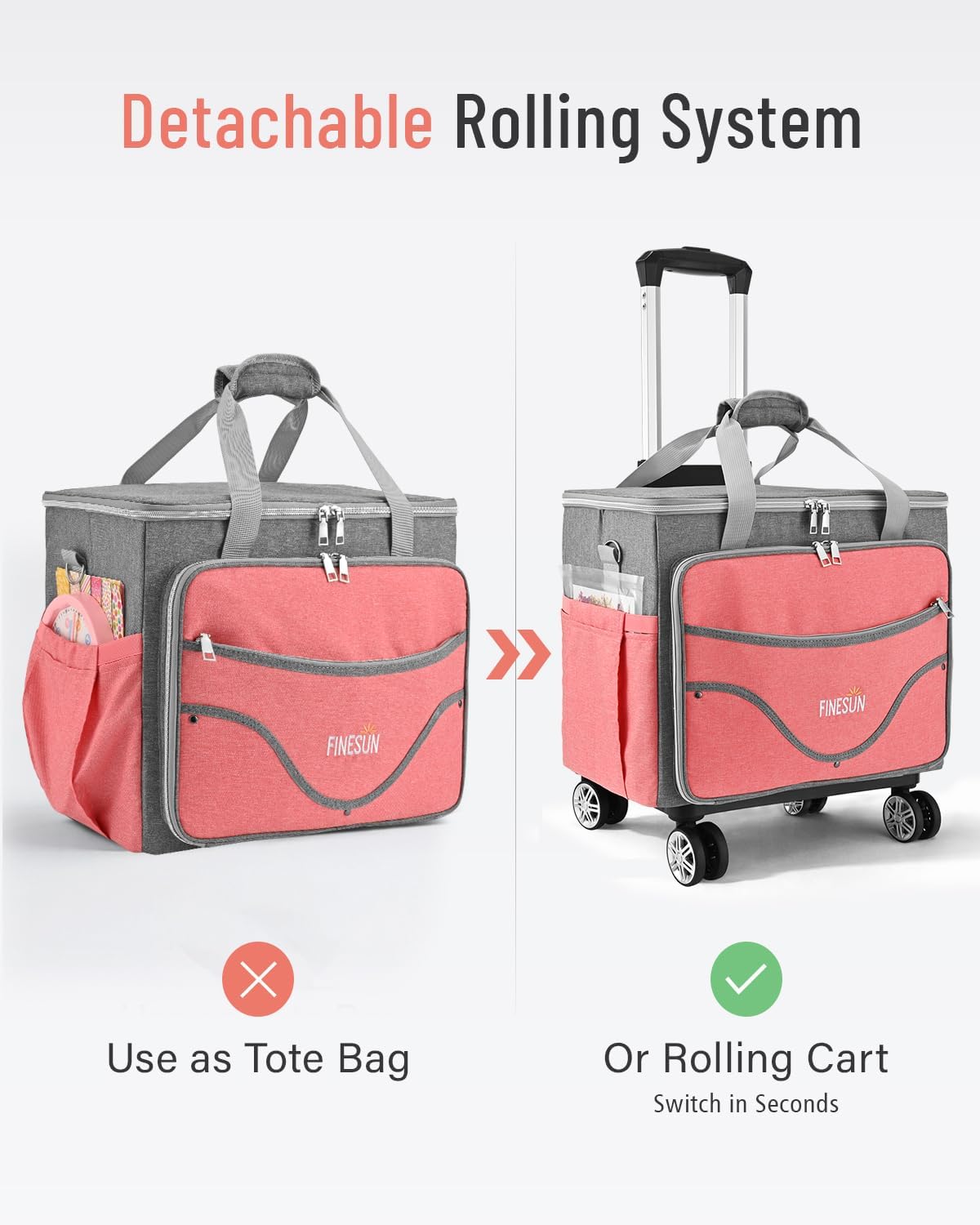 Rolling Tote Bag for Women Teacher Bag Rolling Cart Briefcase with Wheels Carry on Wheeled Bag for Work,Office,Craft Pink