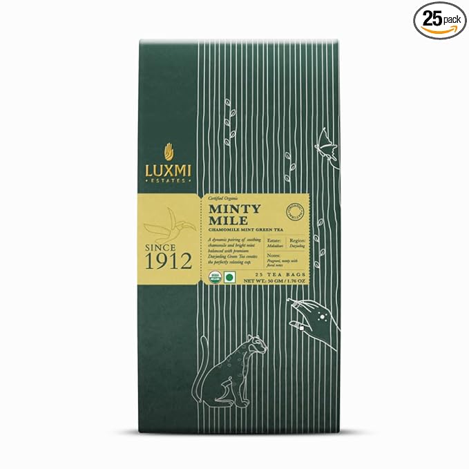 Luxmi Estates Minty Mile Chamomile Mint Green Tea 25 Tea Bags (50g) Pack | Certified Organic Green Tea | Low Caffeine Chamomile Tea | Mint Tea Bags Best for Night Time | 50 Cups