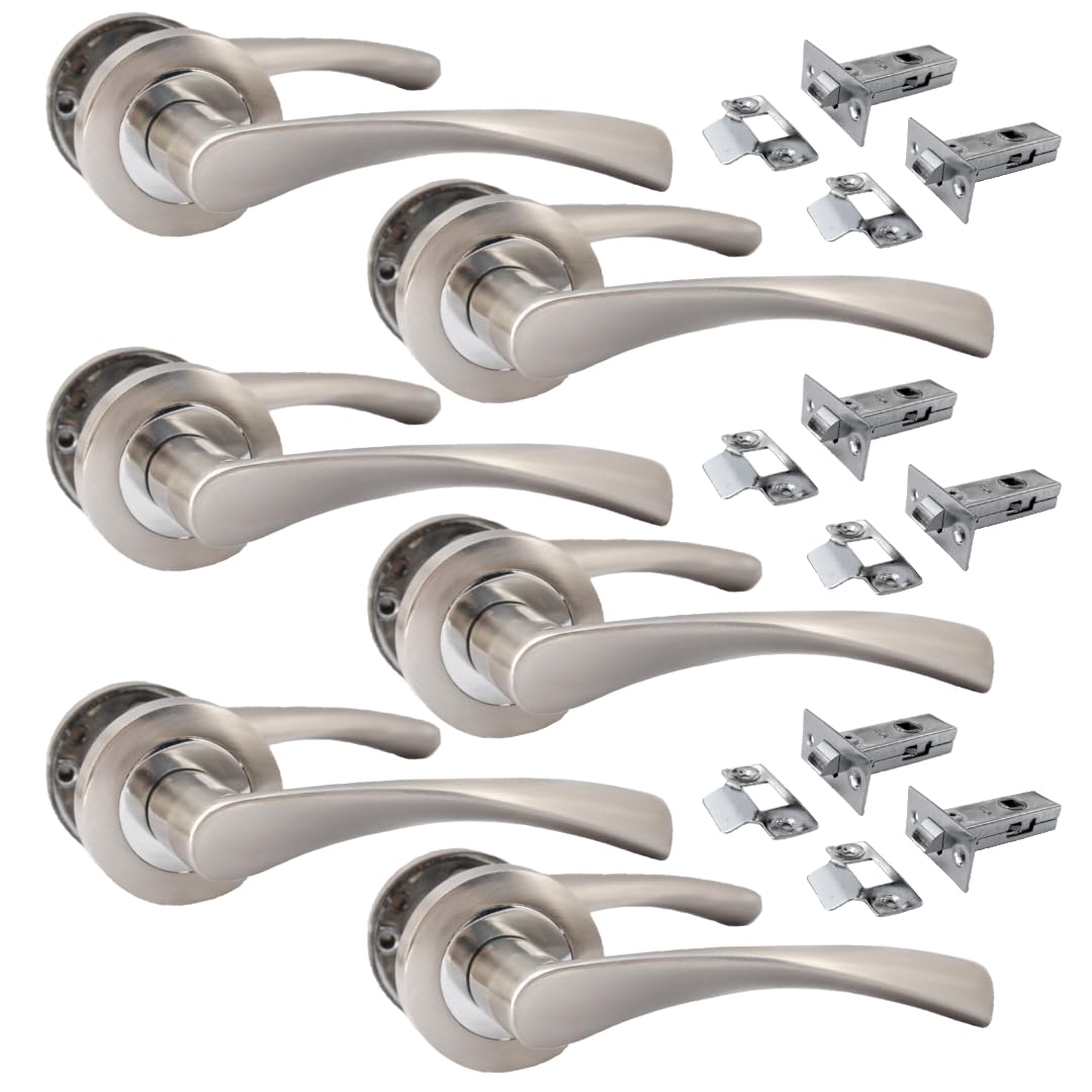 Epsom Door Handle Epsom Duo Twist Door Handle – Satin Chrome Lever on Rose | Latch Escutcheon or Bathroom Privacy with Thumb Turn | 4 or 6 Pairs (6 x Pair of Door Handles + Tubular Latch)