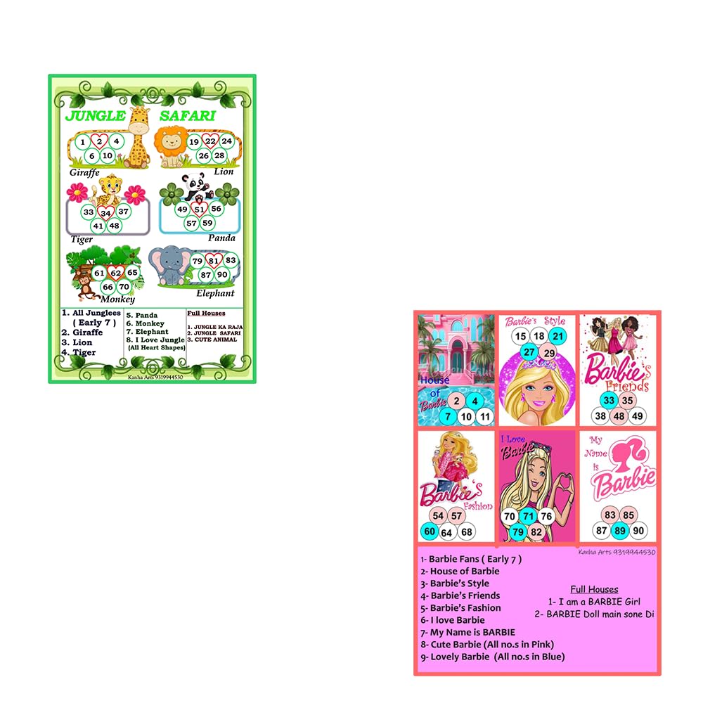 Kanha Arts Barbie Themetambola Tickets & Jungle Safari Theme Tambola Ticket Durable Hard Card Sheet Material for Interactive Learning & Play