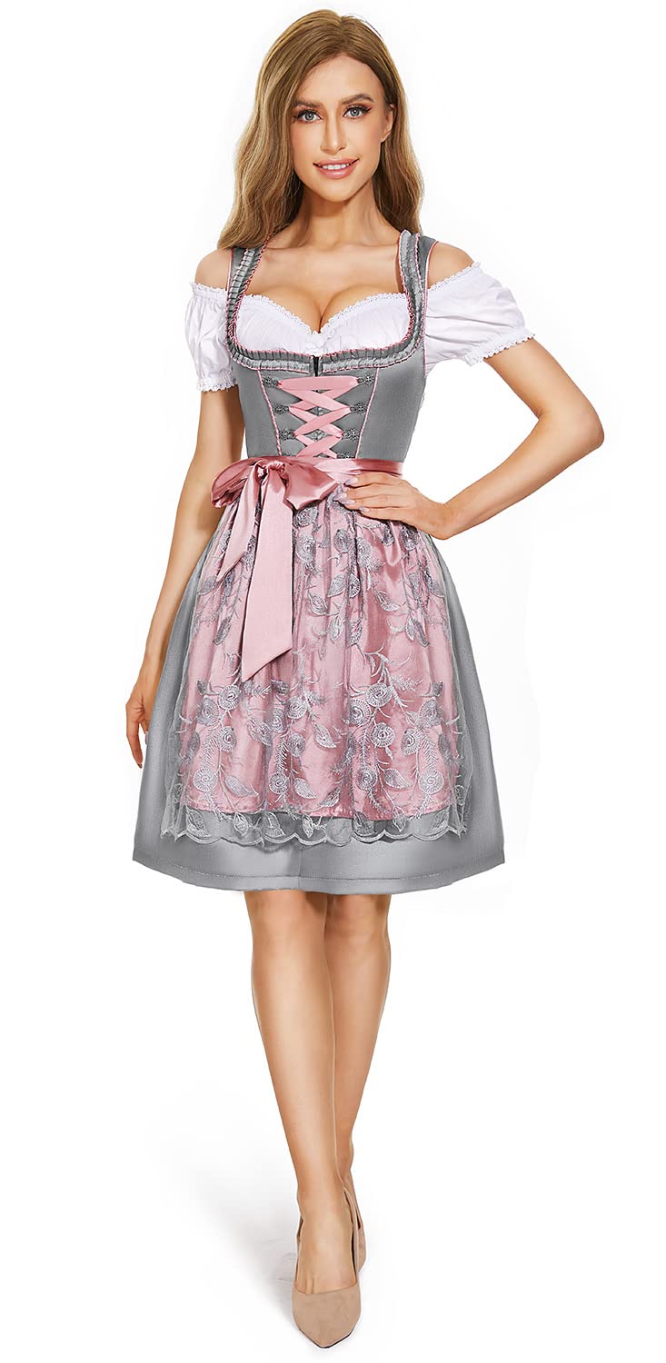 AMZHOTER Dirndl Damen midi Trachtenkleid Trachtenmode Trachtenrock Kleid inkl. Dirndlbluse Dirndlschürze 3 teilig für Oktoberfest Besondere Anlässe Grau