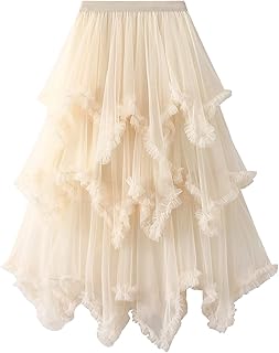 Women's Tulle Skirt Asymmetrical Pleated Elastic High Waist Layered Tutu...