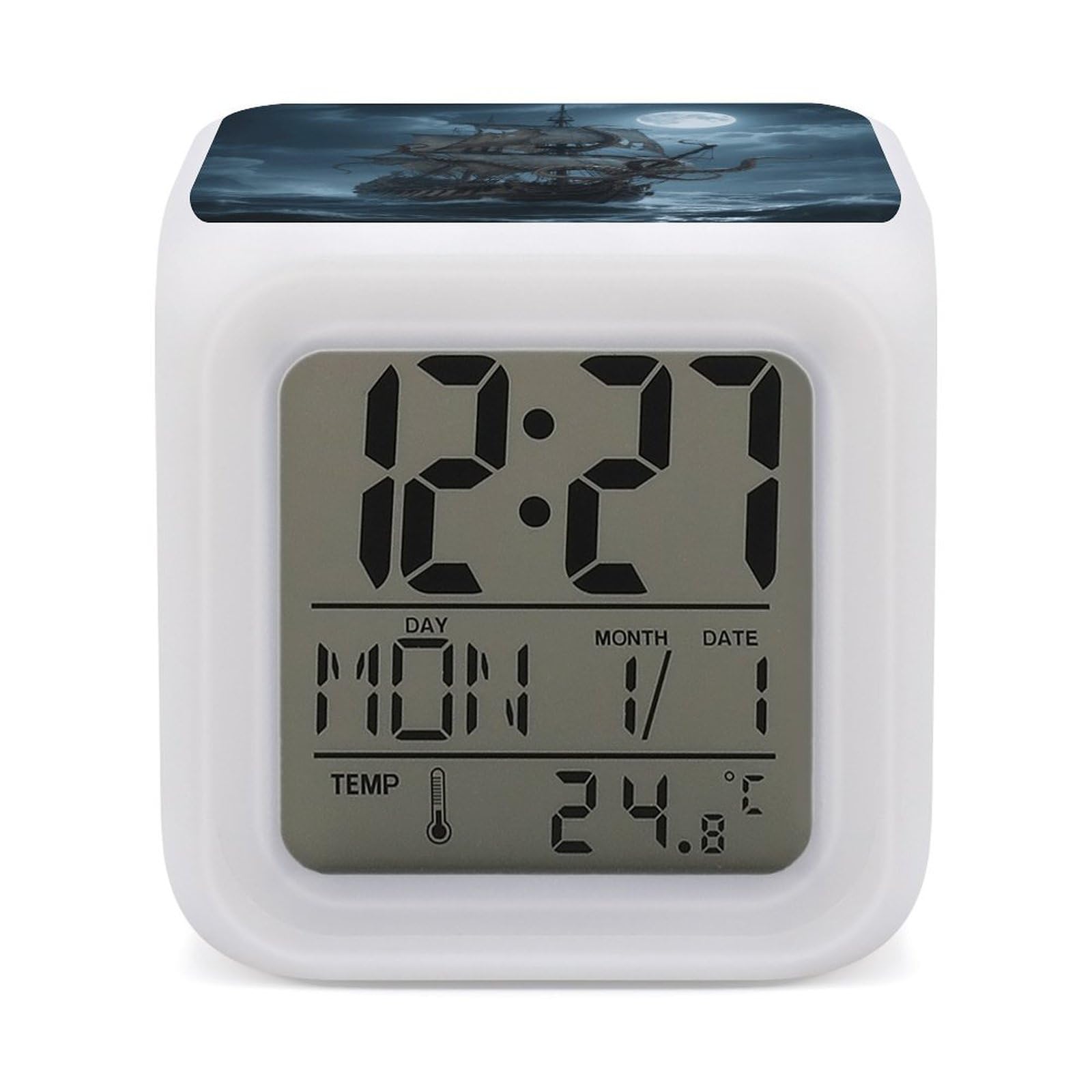 7 Color Ambient Night Light Cube Battery Operated Octopus Kraken Pirate Ship Ocean Digital Clock with Snooze Temperature LED Digital Alarm Clocks Dimmable Wake Up Light Portable Mood Lamp for Bedroom