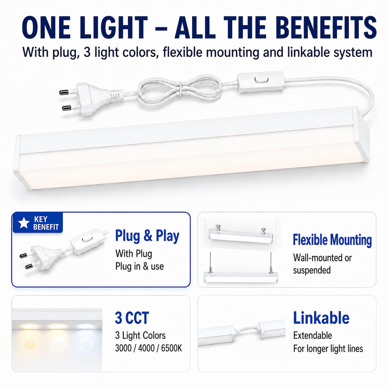BrightFly Lampada a LED per ambienti umidi, 30 W, striscia luminosa a LED da 1,2 m, 4 pezzi, luce bianca fredda super luminosa, 6500 K, con spina europea, ideale per garage, cantina, officina