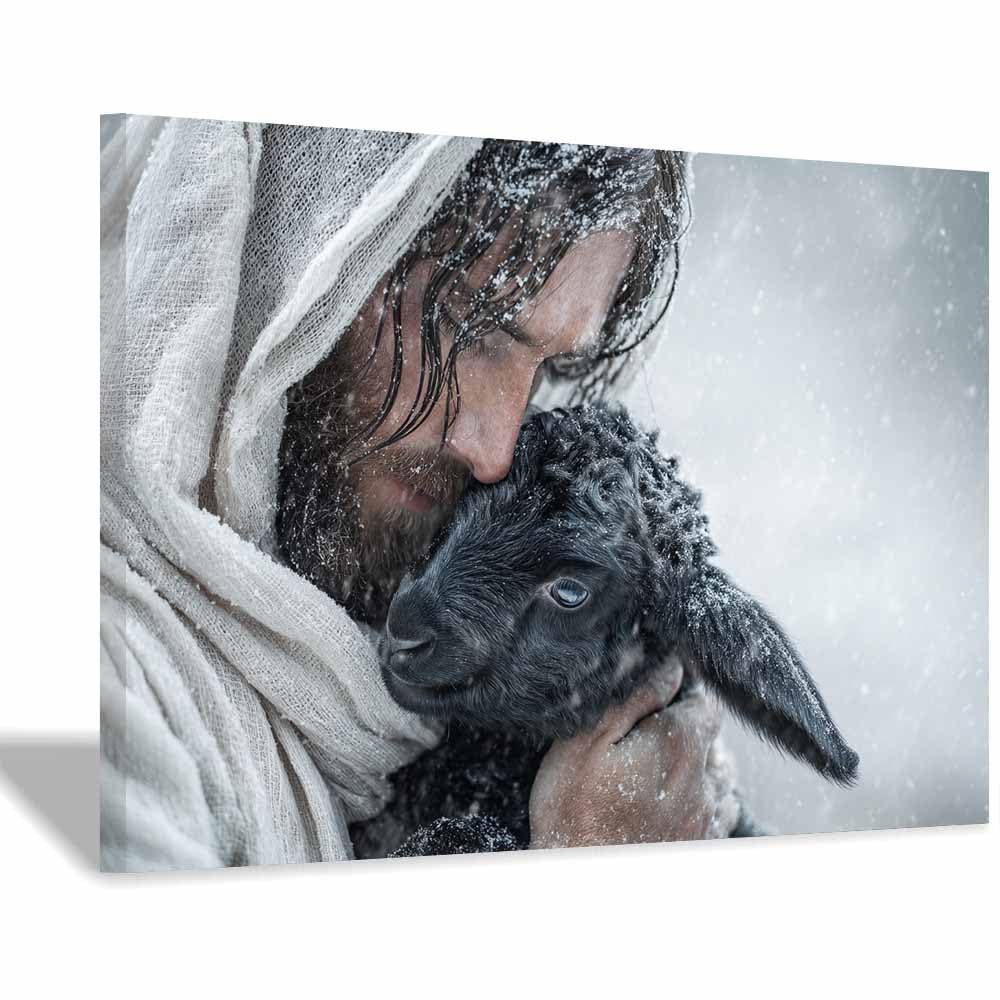 ZAMAEIU Jesus Art Pictures Posters Prints Embracing in thes Snows Religious Paintings, Wall Decor for Church,Prayer Room,Christians, Schools, Hospitals(white)-50x70cm Framed