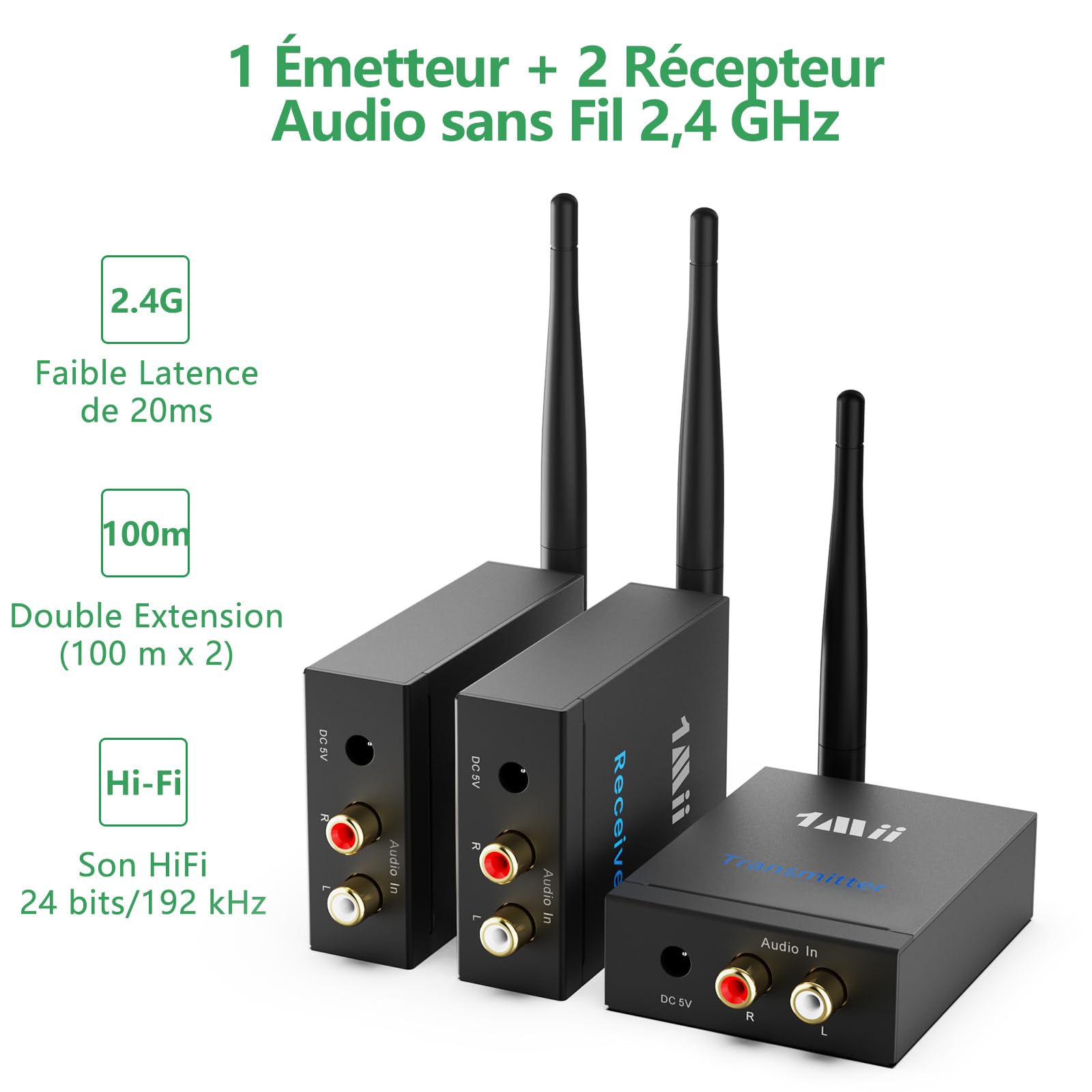 1Mii Émetteur Récepteur Audio sans Fil (1 TX+2 RX), Longue Portée 2,4GHz