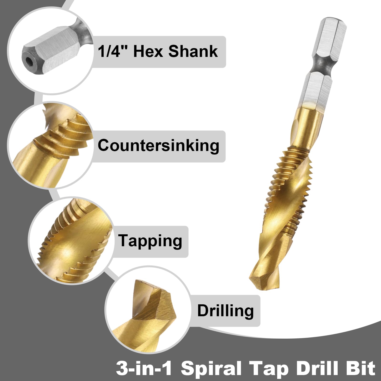 4 brocas combinadas para taladro y macho de roscar, rosca métrica M10 x 1,5, vástago hexagonal de 1/4", machos de roscar con revestimiento de titanio, herramienta de roscado de ranura espiral, acer