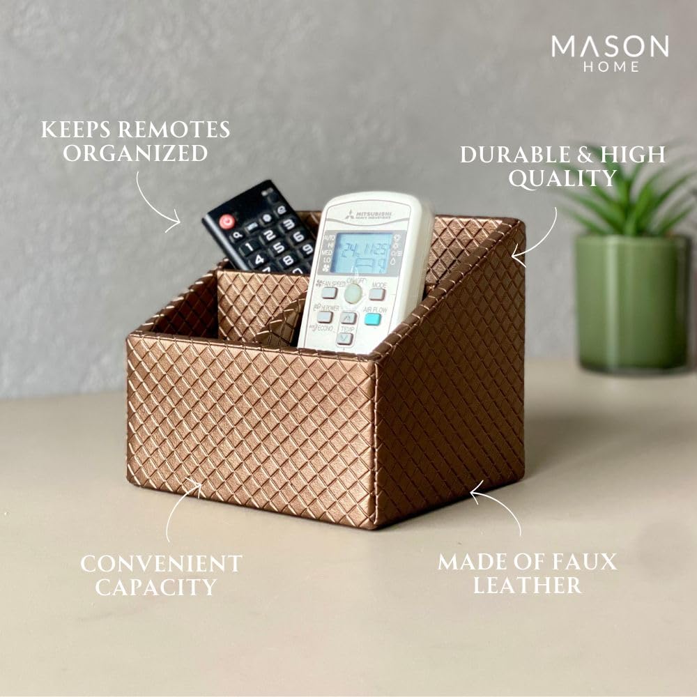 MASON HOME Vegan Leather & Mdf Braided Brown Remote Holder - 1Pc - L 6.25" x B 5" x H 5"|Decorative Multifunctional Space Saving Organizer Stand|Rom - Table - Desk|AC TV Controller-Gadgets,Stationary 1